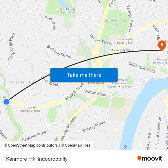 Kenmore to Indooroopilly map
