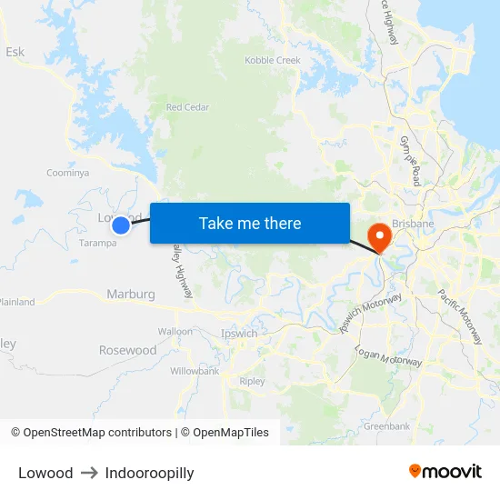 Lowood to Indooroopilly map