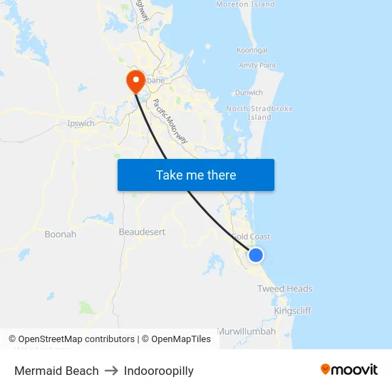 Mermaid Beach to Indooroopilly map