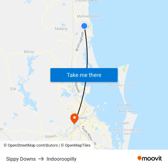 Sippy Downs to Indooroopilly map