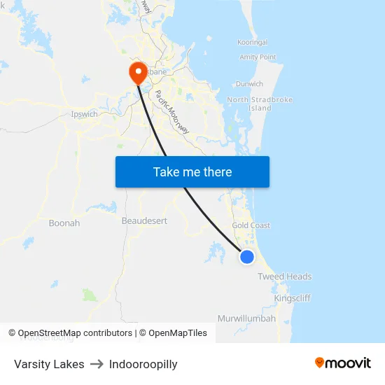 Varsity Lakes to Indooroopilly map