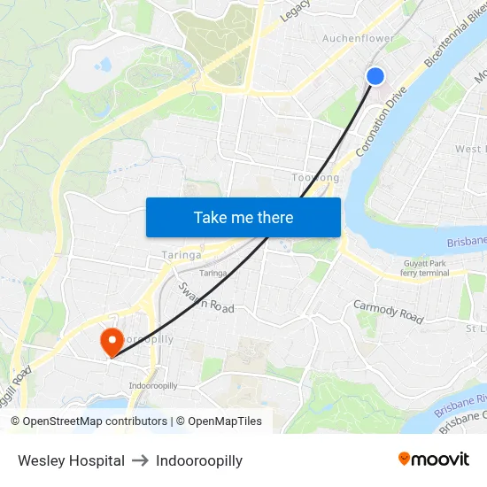 Wesley Hospital to Indooroopilly map