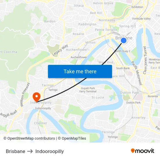 Brisbane to Indooroopilly map