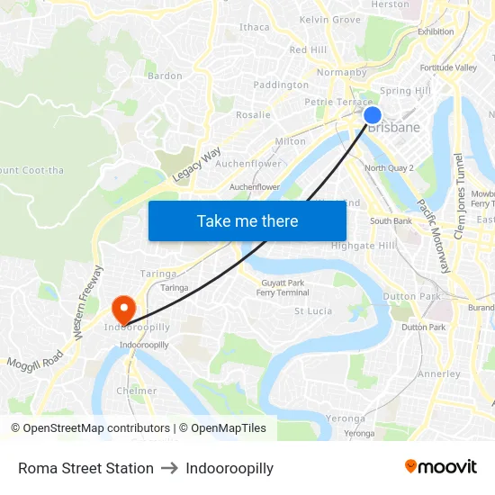 Roma Street Station to Indooroopilly map