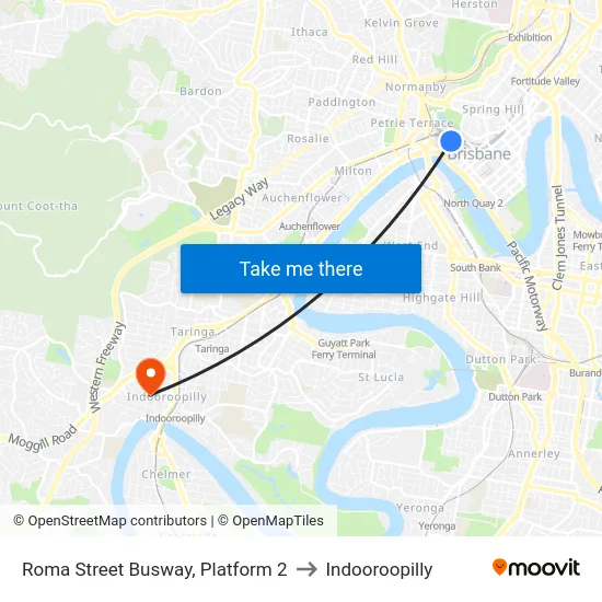 Roma Street Busway, Platform 2 to Indooroopilly map