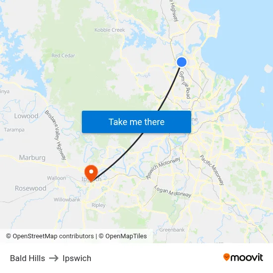 Bald Hills to Ipswich map