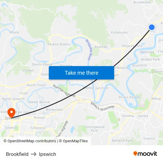 Brookfield to Ipswich map