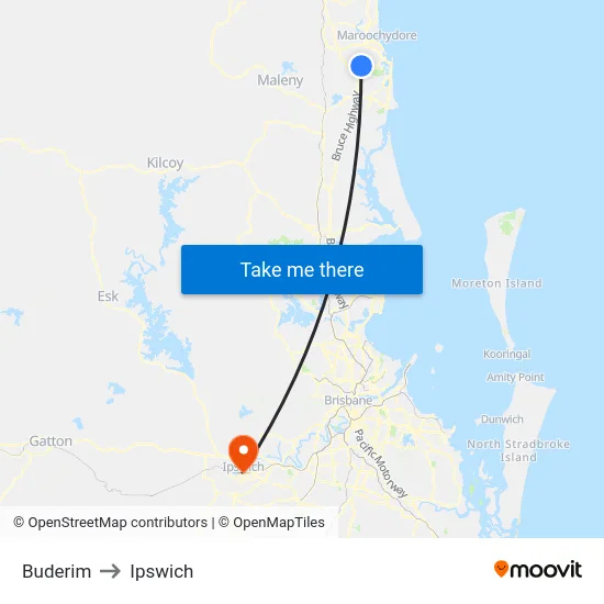Buderim to Ipswich map