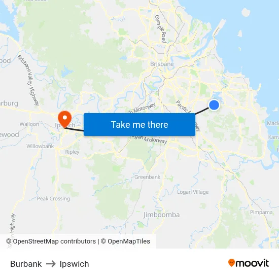 Burbank to Ipswich map