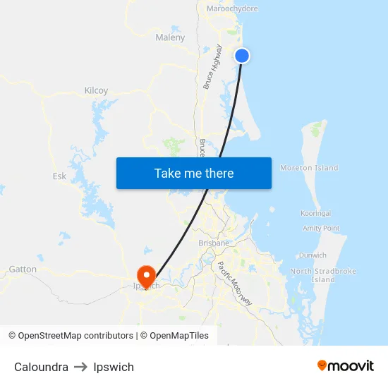 Caloundra to Ipswich map