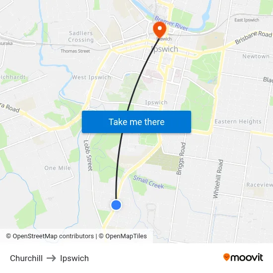 Churchill to Ipswich map