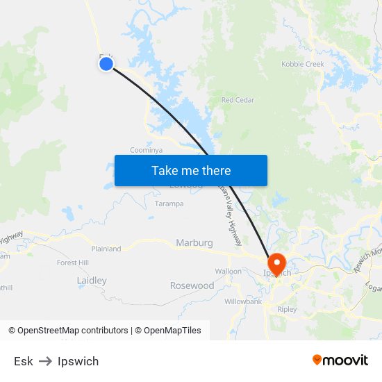 Esk to Ipswich map