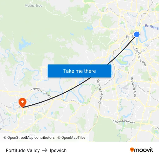 Fortitude Valley to Ipswich map
