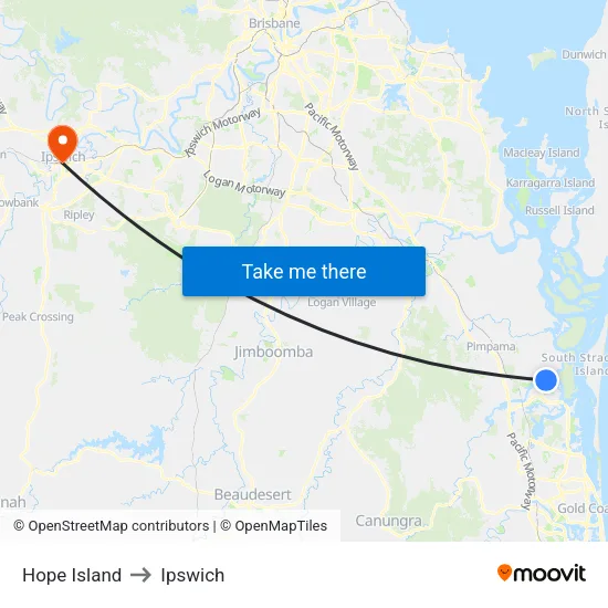 Hope Island to Ipswich map