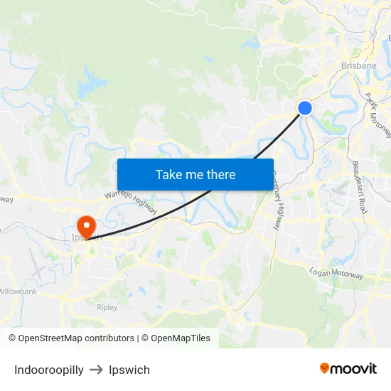 Indooroopilly to Ipswich map