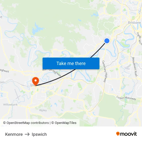 Kenmore to Ipswich map