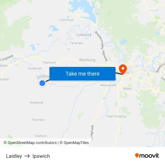 Laidley to Ipswich map
