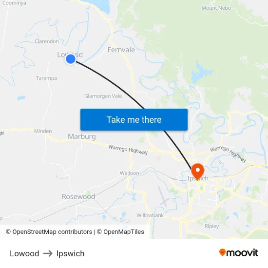 Lowood to Ipswich map