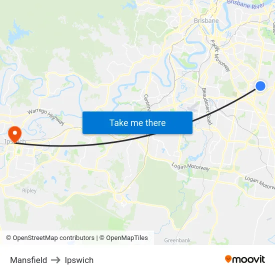 Mansfield to Ipswich map