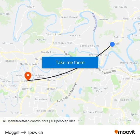 Moggill to Ipswich map
