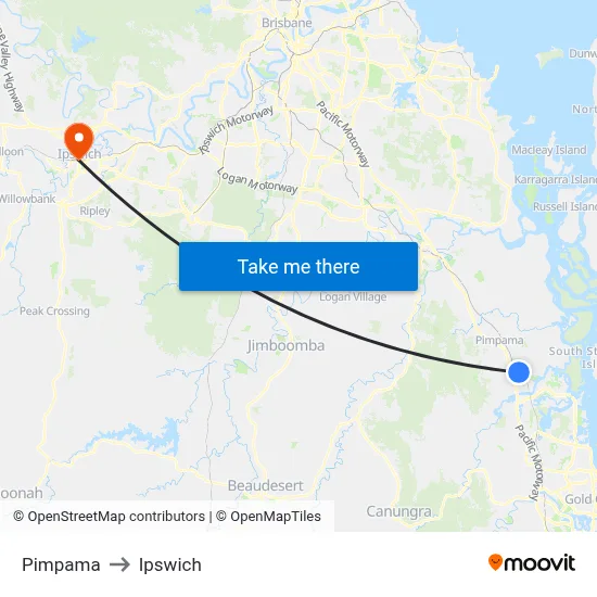 Pimpama to Ipswich map
