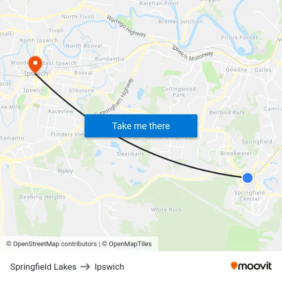 Springfield Lakes to Ipswich map