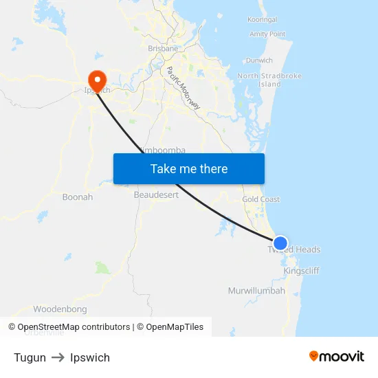 Tugun to Ipswich map