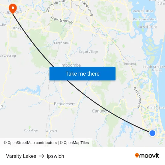Varsity Lakes to Ipswich map