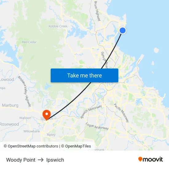 Woody Point to Ipswich map