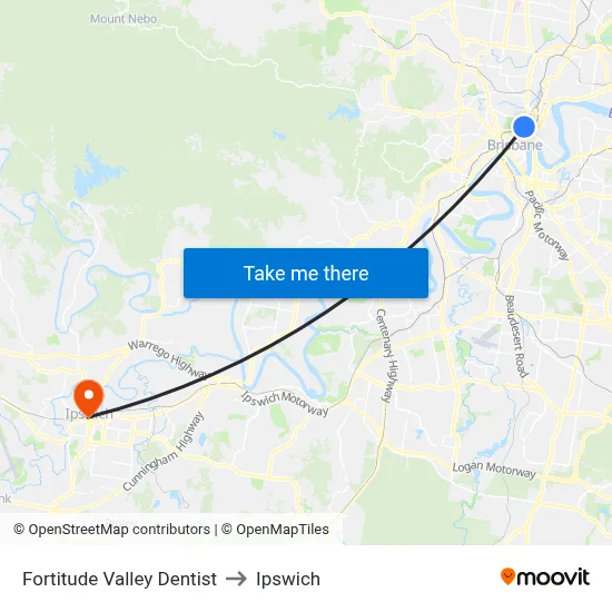 Fortitude Valley Dentist to Ipswich map
