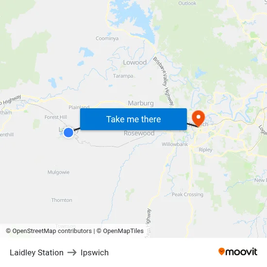 Laidley Station to Ipswich map
