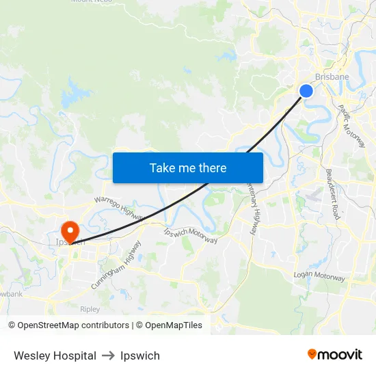 Wesley Hospital to Ipswich map