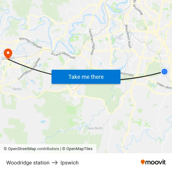 Woodridge station to Ipswich map