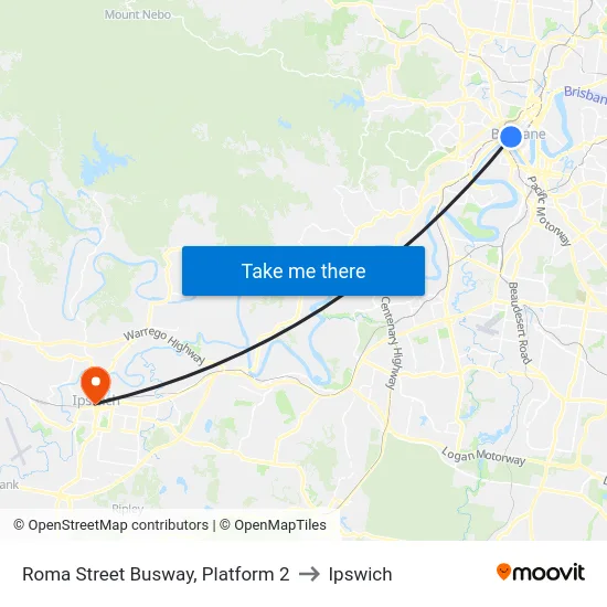 Roma Street Busway, Platform 2 to Ipswich map