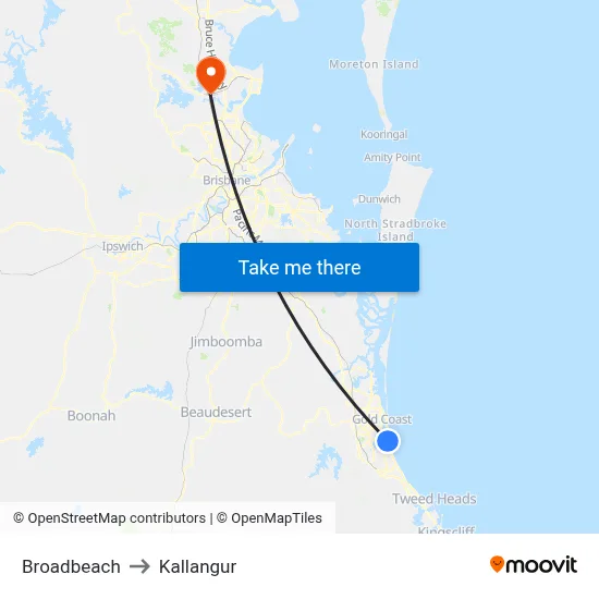 Broadbeach to Kallangur map