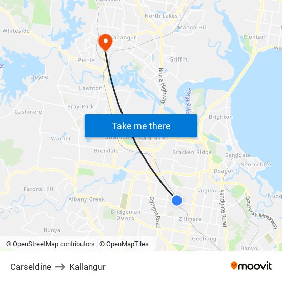 Carseldine to Kallangur map