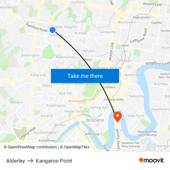 Alderley to Kangaroo Point map