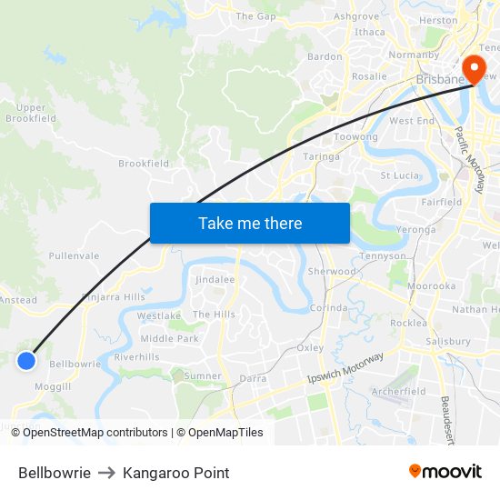 Bellbowrie to Kangaroo Point map