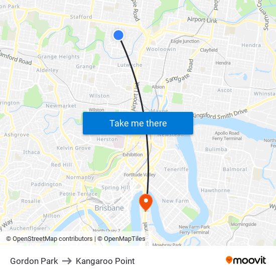 Gordon Park to Kangaroo Point map