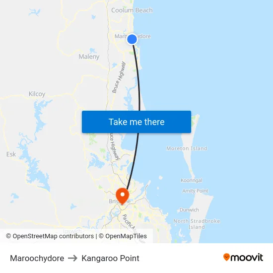 Maroochydore to Kangaroo Point map