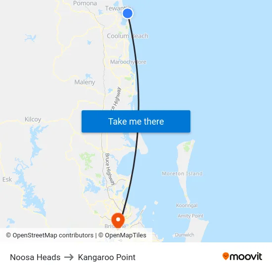 Noosa Heads to Kangaroo Point map