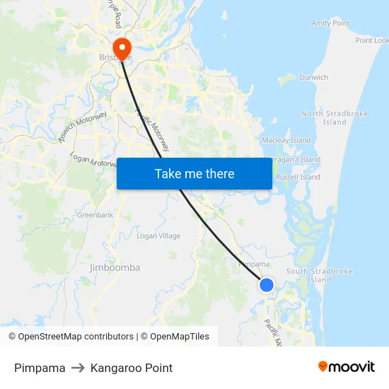 Pimpama to Kangaroo Point map