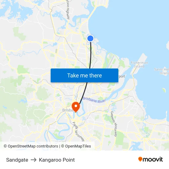 Sandgate to Kangaroo Point map