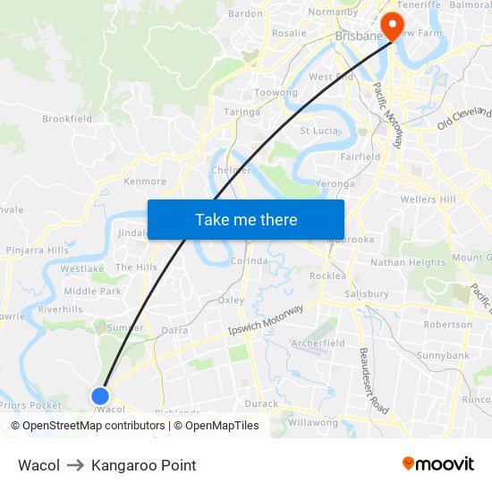 Wacol to Kangaroo Point map