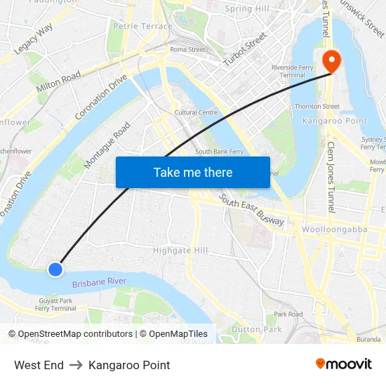 West End to Kangaroo Point map
