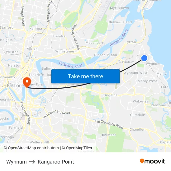 Wynnum to Kangaroo Point map