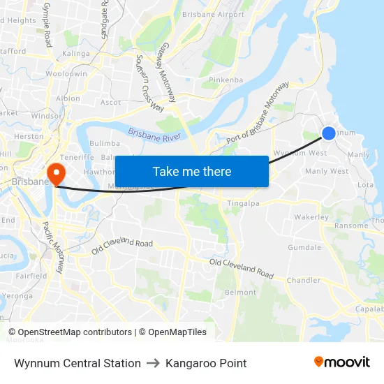 Wynnum Central Station to Kangaroo Point map