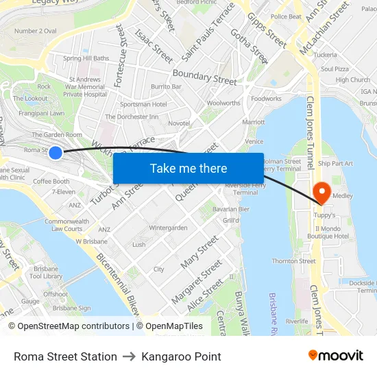 Roma Street Station to Kangaroo Point map