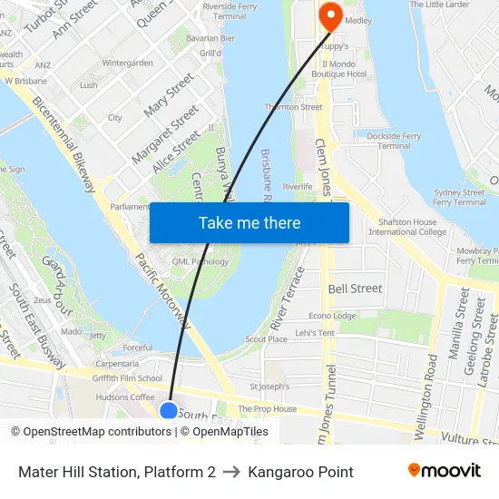 Mater Hill Station, Platform 2 to Kangaroo Point map