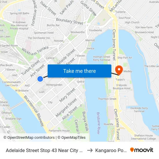 Adelaide Street Stop 43 Near City Hall to Kangaroo Point map